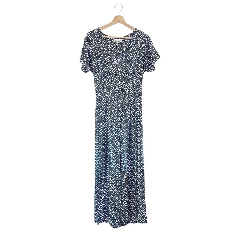 & Other Stories Floral V Neck Button Down Short Sleeve Jumpsuit Blue 4 / Small